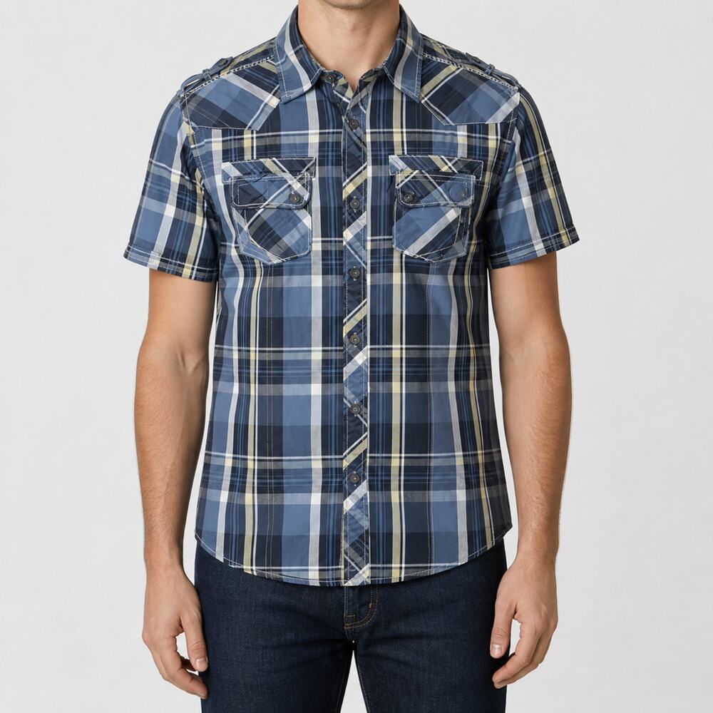 BKE Shirt Mens Medium Blue Yellow Plaid Slim Fit Short Sleeve Western Pockets
